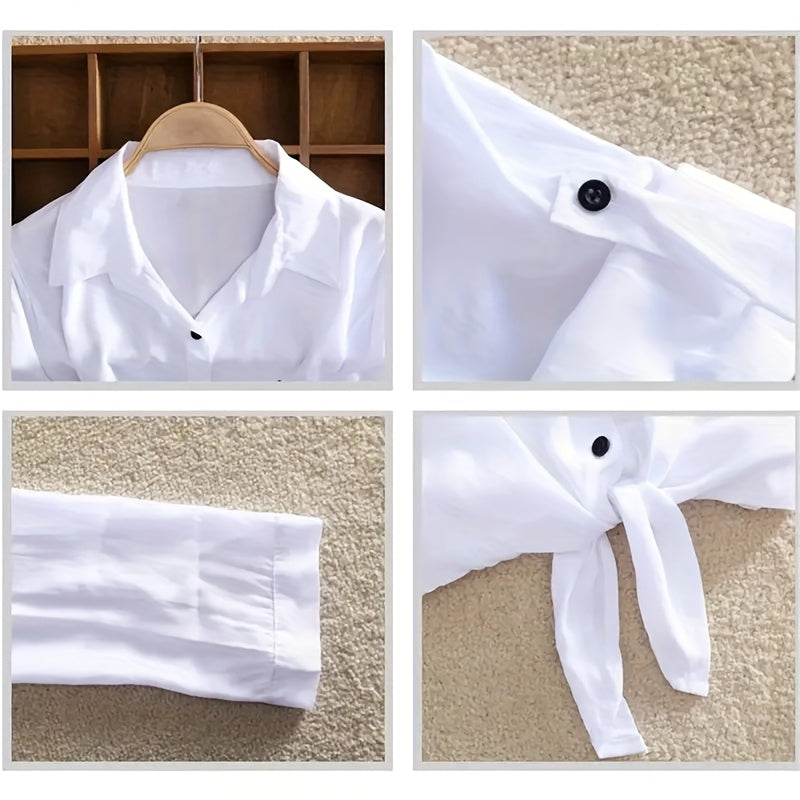 Women'S Casual Long Sleeve White Shirt with "JANISMANNER" Print - Stylish Short Sleeve Blouse with Tie Front, and Lapel Collar for Summer, Top | Stylish Casualwear | Feminine Design
