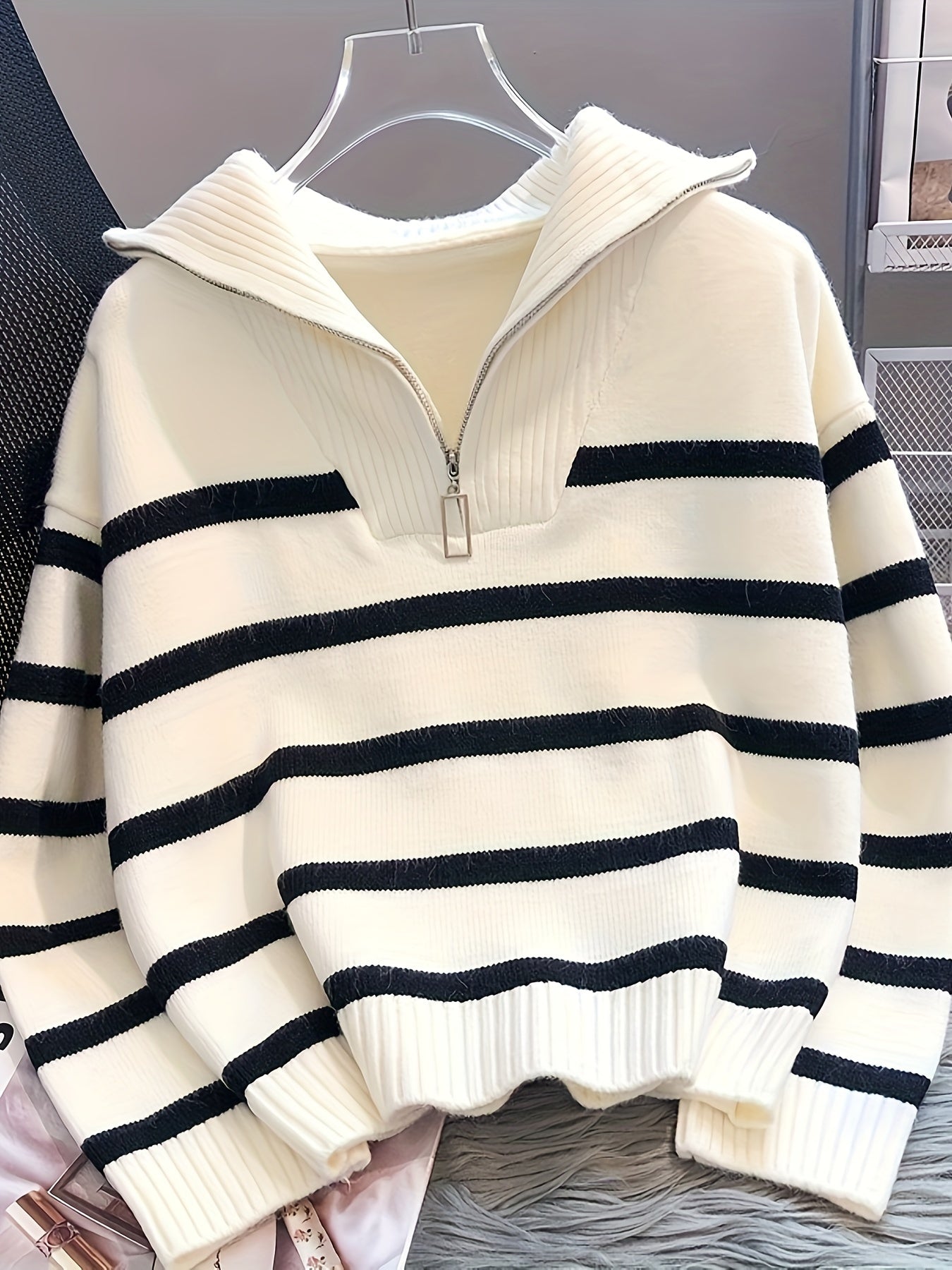 Soft Touch, Chic Striped Zip-Up Sweater for Women - Cozy & Thick, Perfect for Spring/Fall, Machine Washable