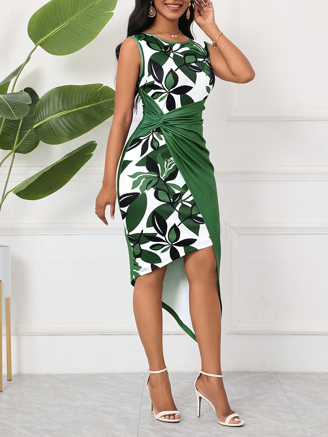 Elegant Purple Floral Bodycon Dress for Women - Sleeveless, High-Slit, Spring/Summer Fashion, White Clutch Not Included, Adult, Elegant Attire|Floral Print Dress|Sleek Fit