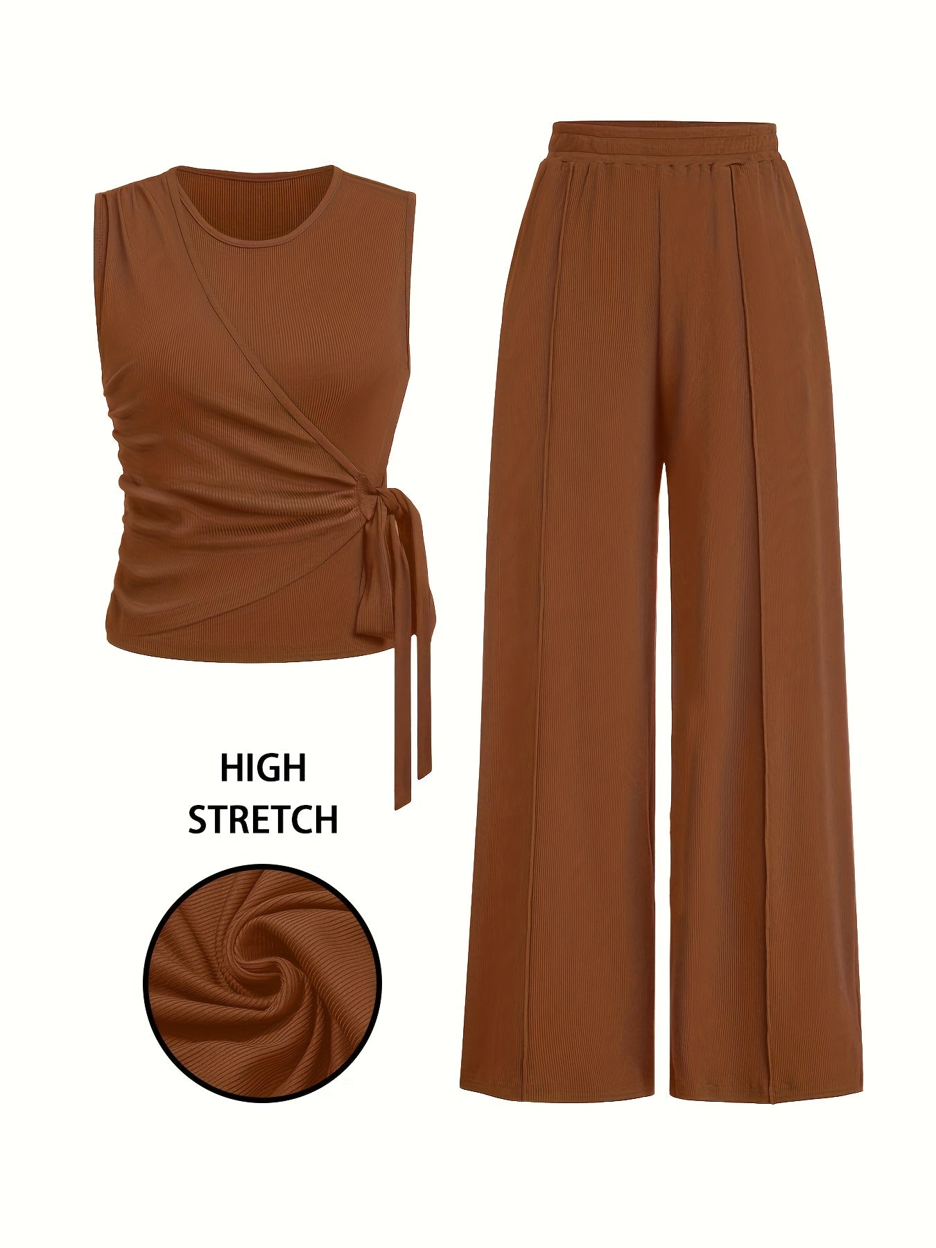 Elegant Women's Sleeveless Ribbed Top & Wide-Leg Pants Set – Bow Detail, Stretchy Knit Two-Piece Outfit for Spring/Summer