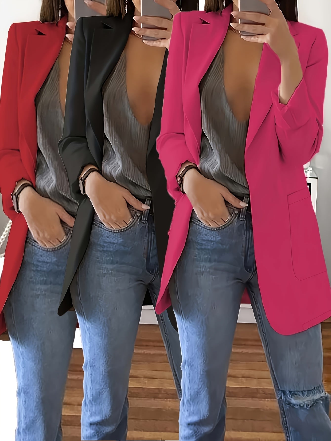 3pcs Fashion Casual Solid Color Lapel Slim Fit Open Cardigan Suit Jacket for Women Spring Summer Autumn