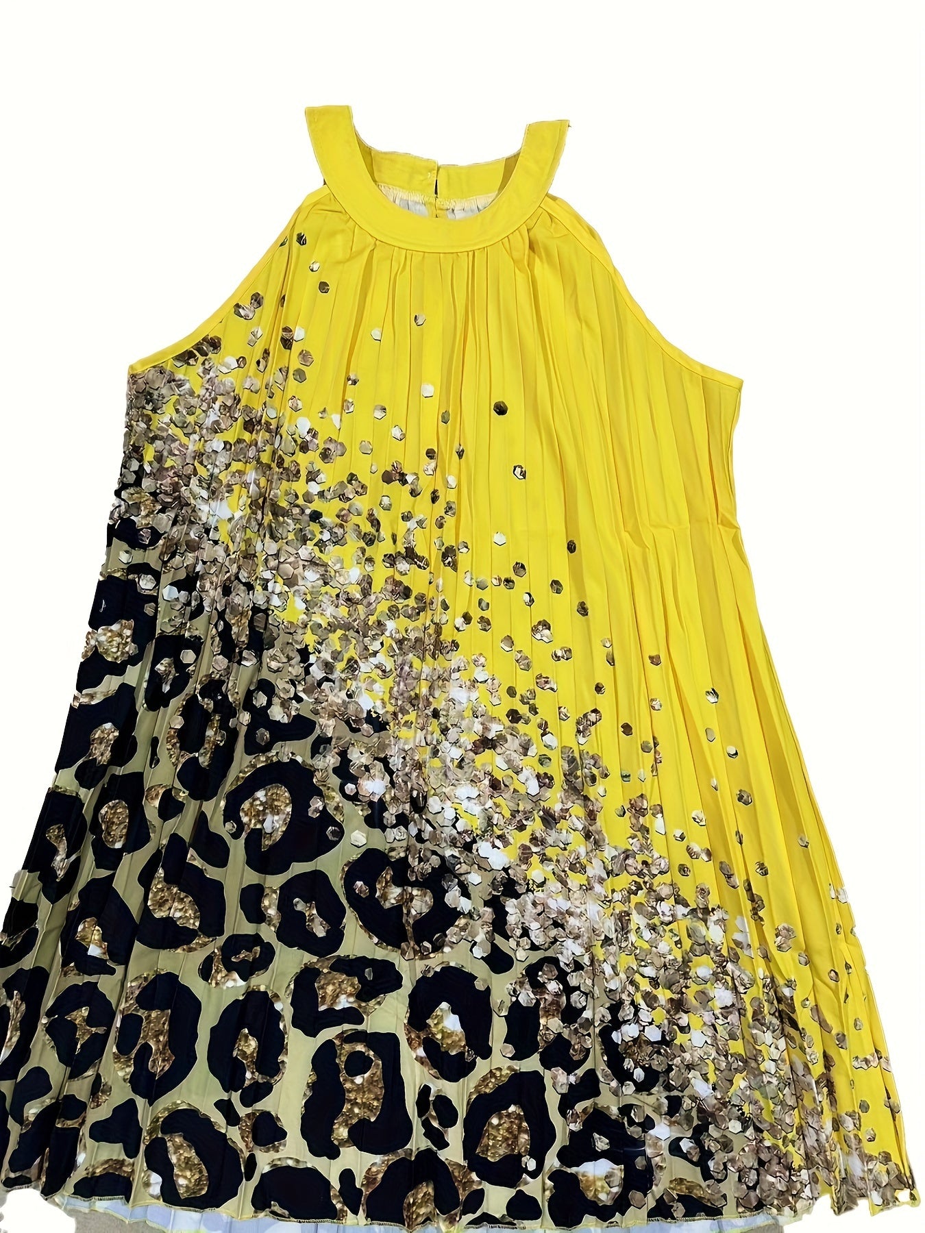 Graphic Print Pleated Halter Neck Dress, Elegant Sleeveless Loose Dress For Spring & Summer, Women's Clothing