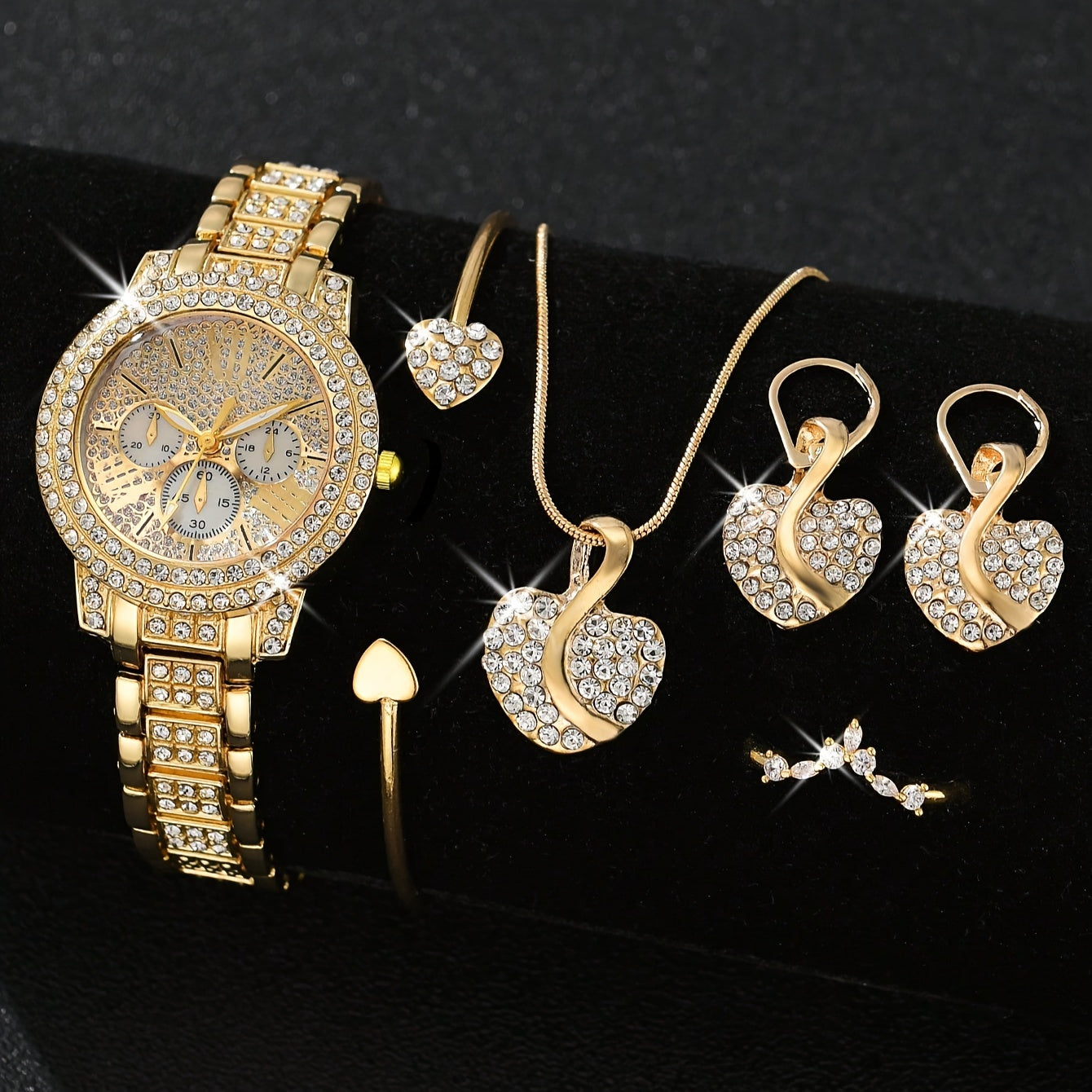 6pcs/set Women's Luxury Rhinestone Quartz Watch Shiny Golden Fashion Analog Wrist Watch & Jewelry Set, Gift For Mom Her
