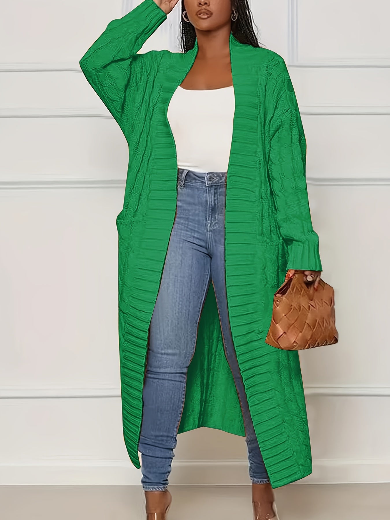 [Polyester Knit Cardigan] 100% Polyester Women's Casual Knit Cardigan - Solid Color Long Sleeve Open Front Sweater with Pockets - Versatile Knitwear for All Seasons
