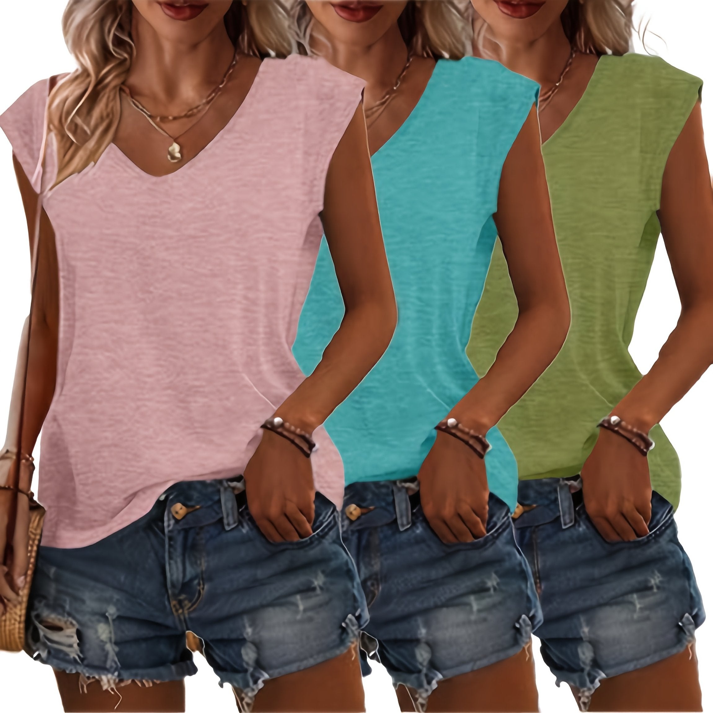 [Versatile | Cute] 3pcs Women's Lightweight Casual V-Neck Short Sleeve T-Shirts | Polyester Blend, Solid Colors | Perfect for Spring & Summer Outfits