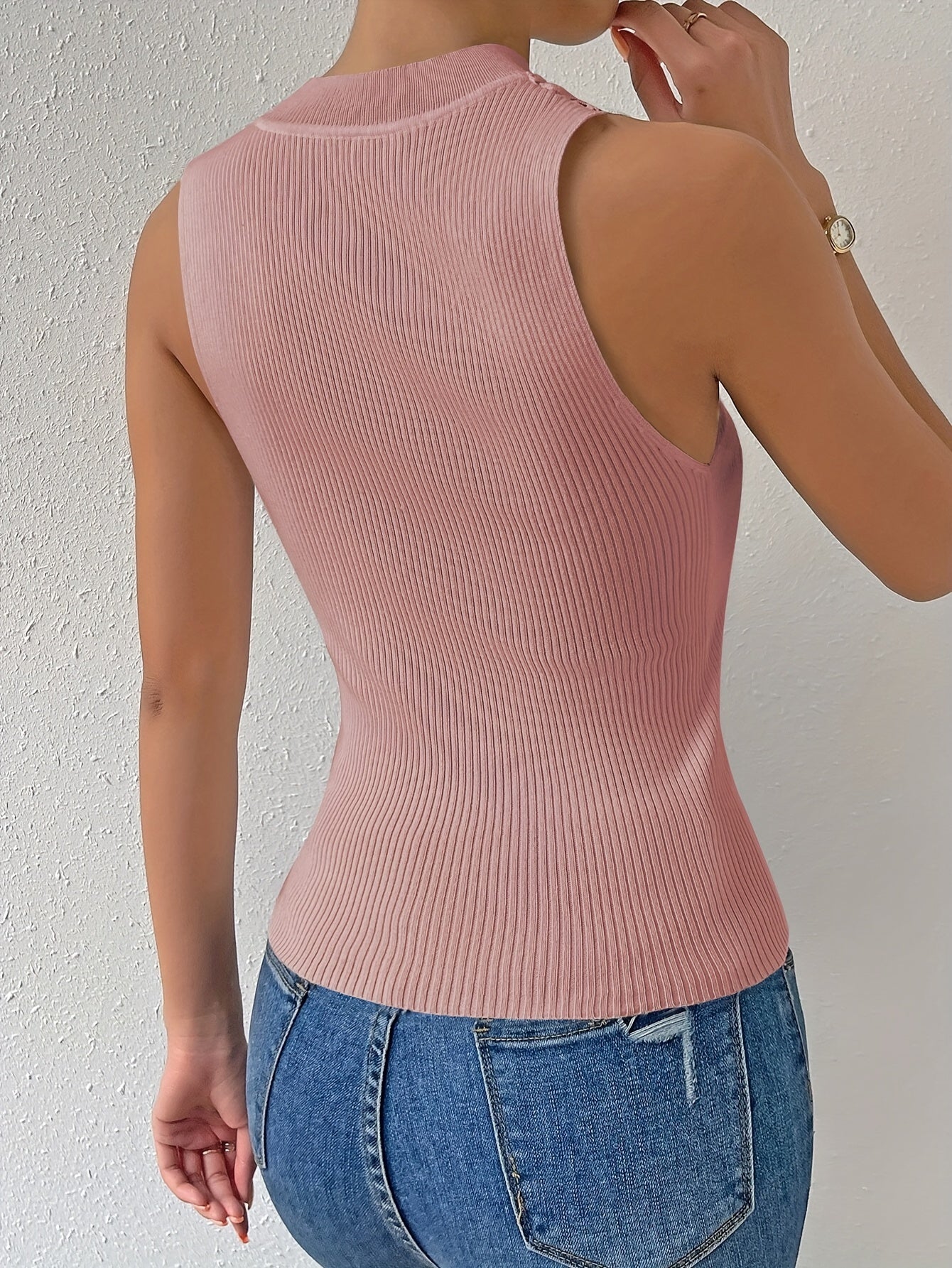Solid Lace Applique Knitted Top - Elegant Sleeveless Mock Neck Top - Women's Clothing -  Knitted Fabric - For Women - Suitable for Parties & Casual Occasions - Perfect Gift for Her