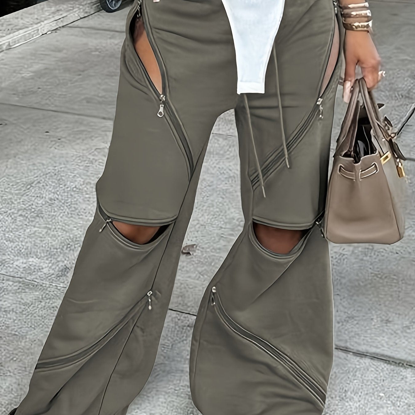 Women'S Chic European and American Fashion Flare Leg Pants with Multiple Zippers, Sexy Elastic Waistband, Loose Straight Fit - All Season Versatile Wear, Sexy Pants