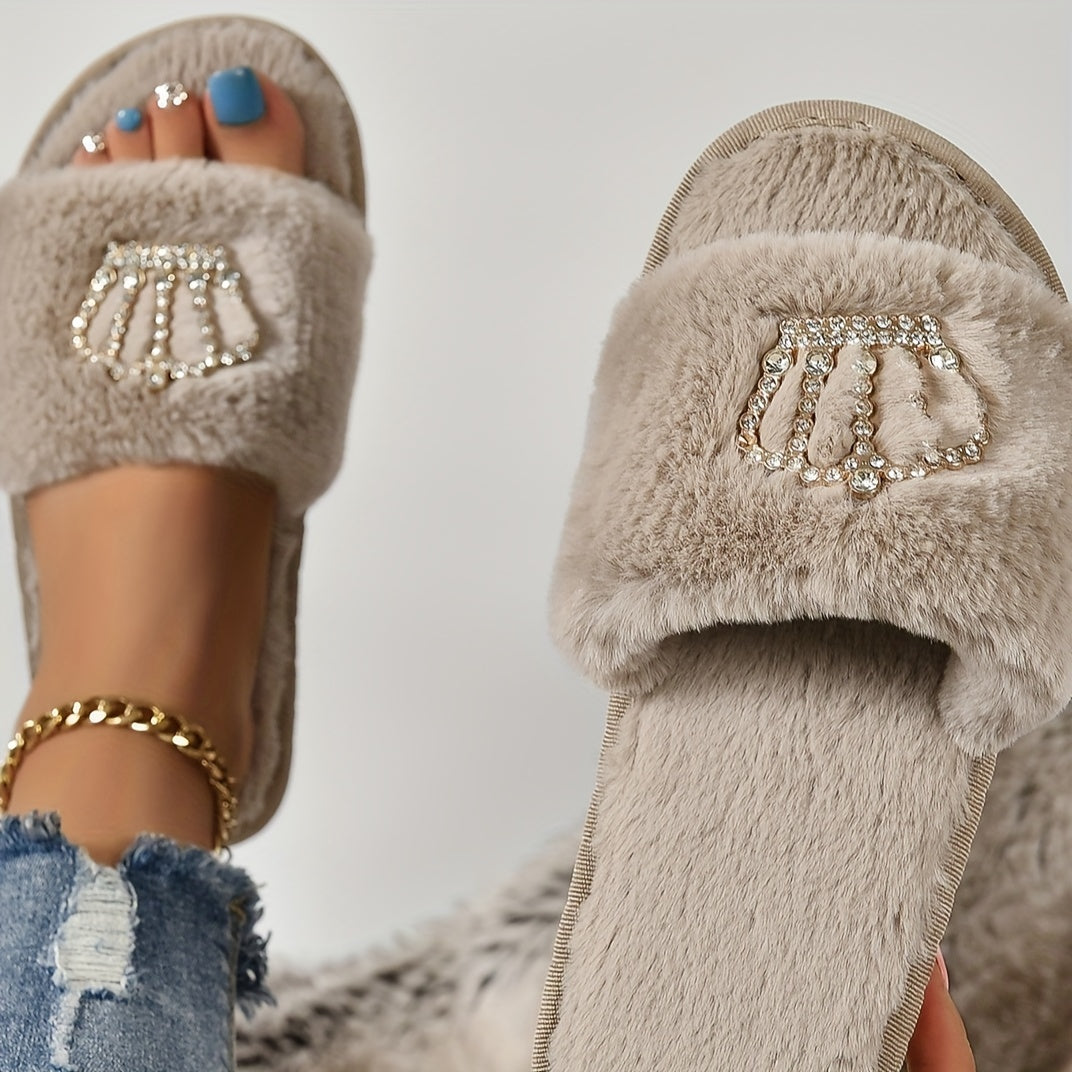 Glitzy Rhinestone Crown Fuzzy Slippers - Ultra-Soft Open Toe Plush Shoes - Luxurious Cloud Sole, Year-Round Warmth for Cozy Home Leisure