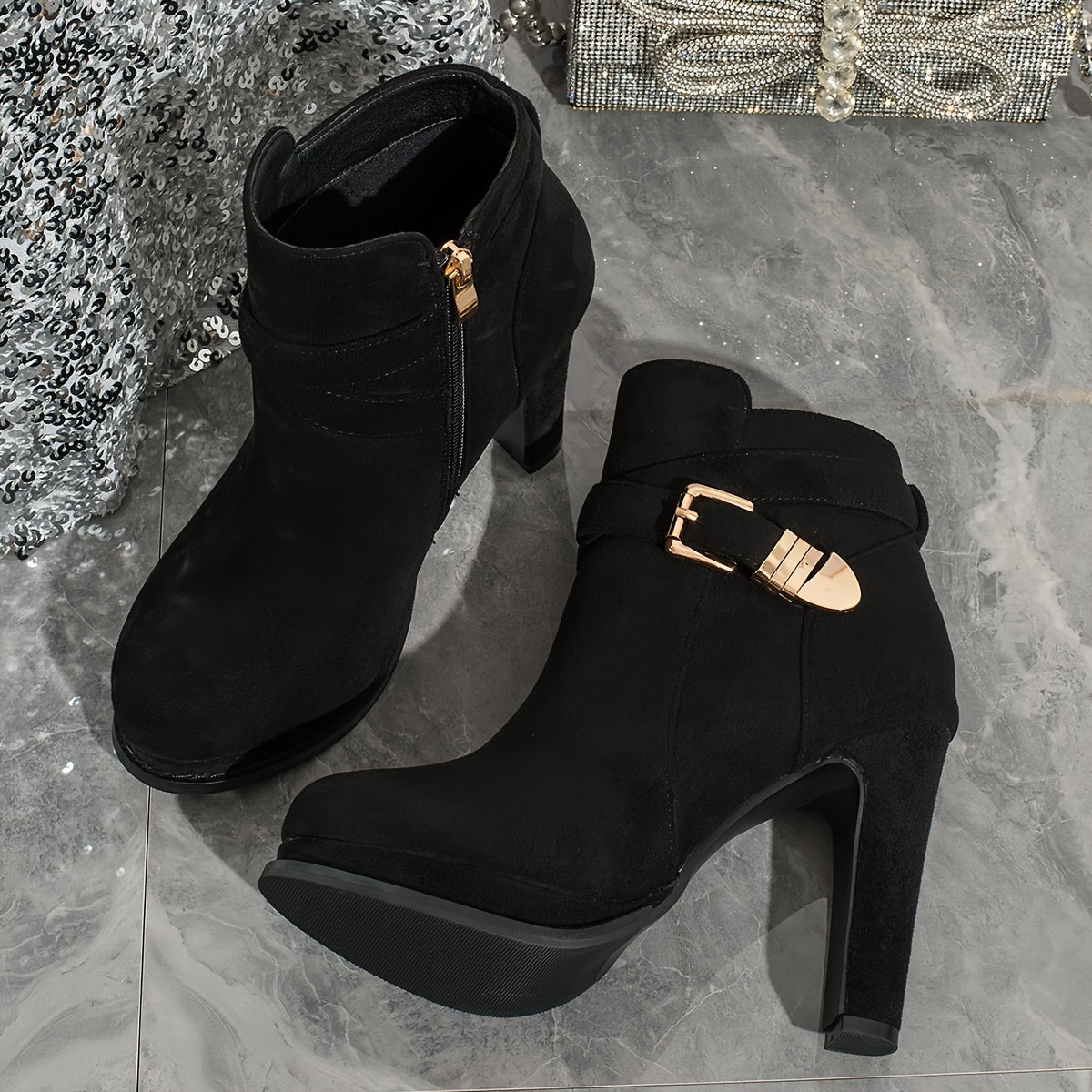 Women's Block Heeled Short Boots, Fashion Buckle Strap Side Zipper Booties, All-Match High Heeled Boots