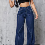 Dark Blue Stretch Denim High-Waist Wide-Leg Jeans - Casual & Versatile, Machine Washable, Slant Pockets - Durable Denim, Women's, Versatile Clothing