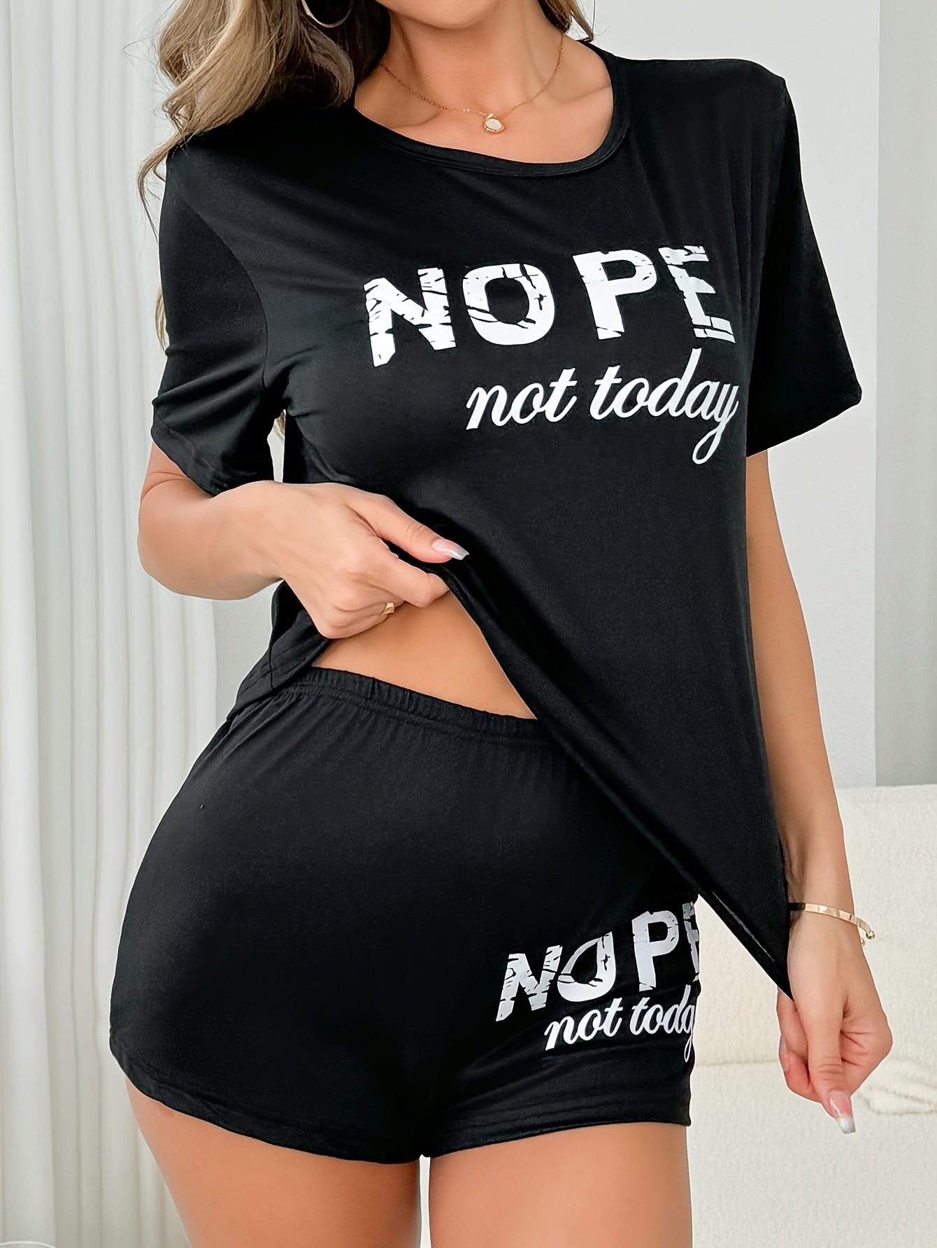 [One Set Comfortable Pajama Outfit] Women's Casual "NOPE not today" Print Short Sleeve T-Shirt and Shorts Pajama Set, Comfortable Loungewear, Sleepwear Outfit