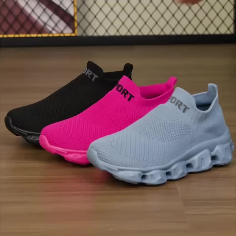 Women'S Fashion Sneakers, Breathable Knitted Fabric Upper, Slip-On Low Top Sports Shoes, Solid Color, EVA Sole, All-Season Casual Athletic Footwear