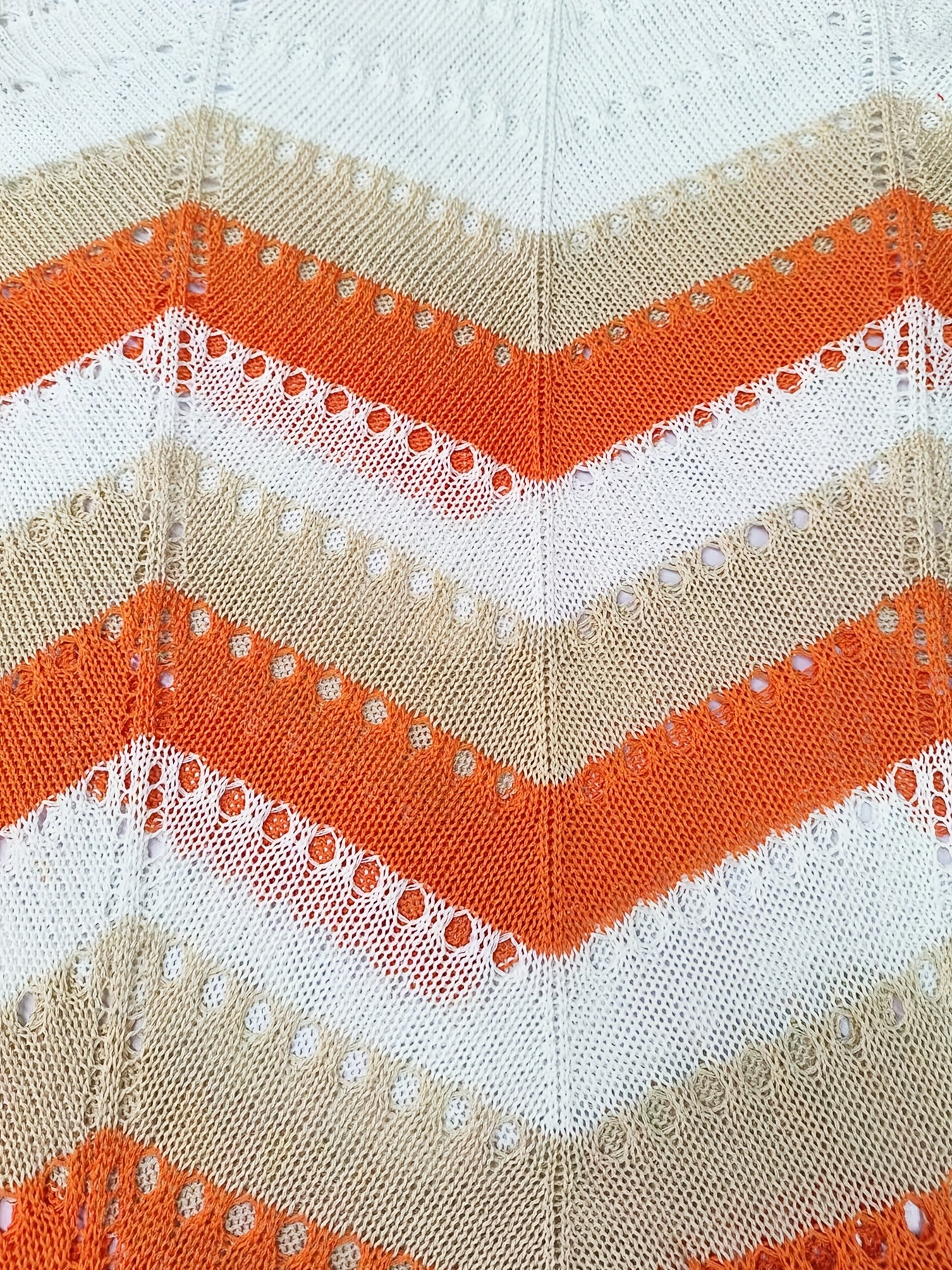 Women's Lightweight Knit Lace Beach Dress - V-Neck Geometric Pattern with Orange/Beige Stripes & Fringe Hem, Semi-Sheer X-Line Midi Dress for Spring Summer Fall, Casual to Evening Wear