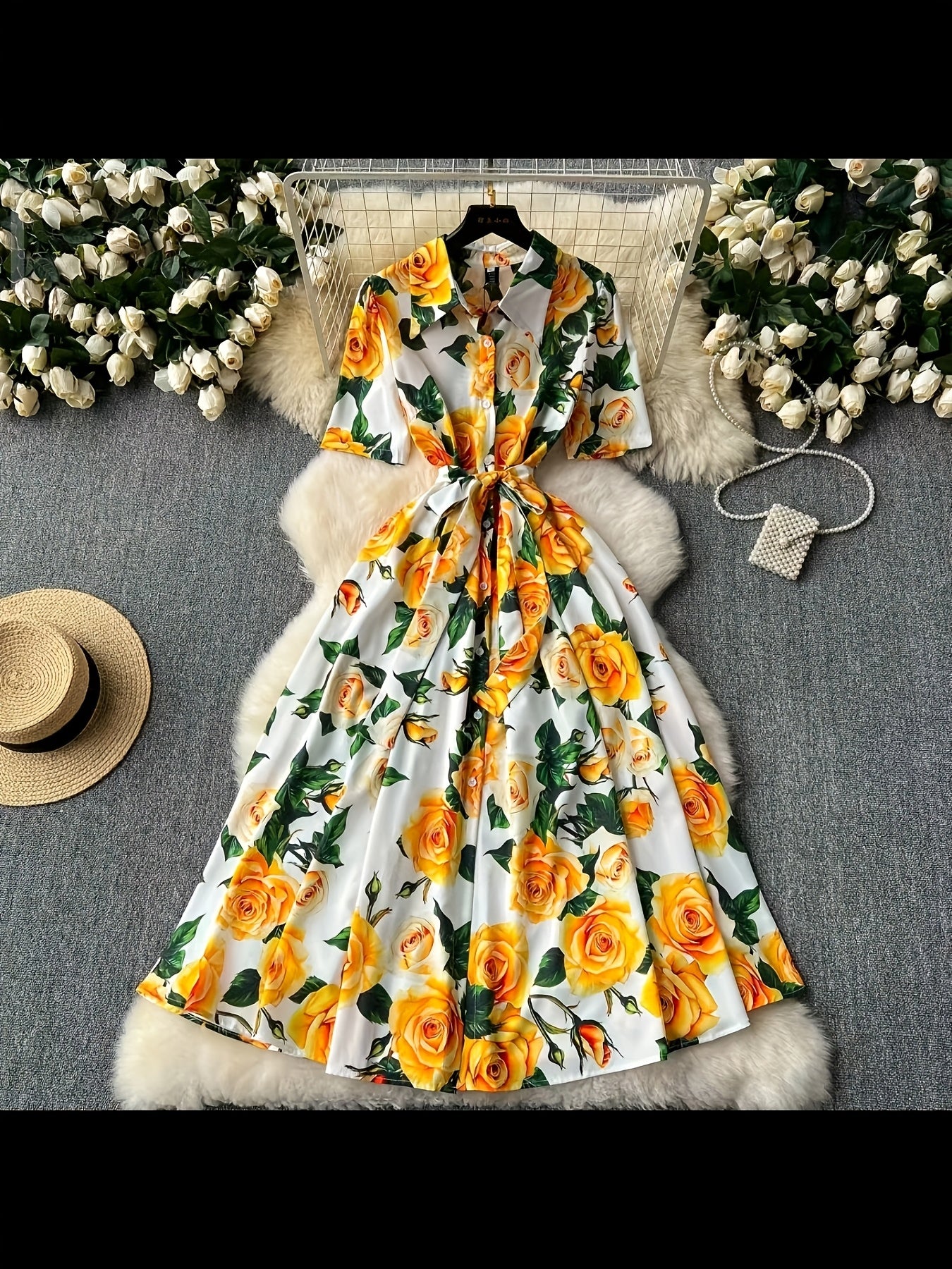 Elegant Women'S Floral Print Dress with Short Sleeves, Lapel Collar, and Cinched Waist - Romantic Rose Design, Perfect for Spring Outings, Garden Parties, and Casual Events, Garden Party Dress | Floral Print Dress | Stylish D