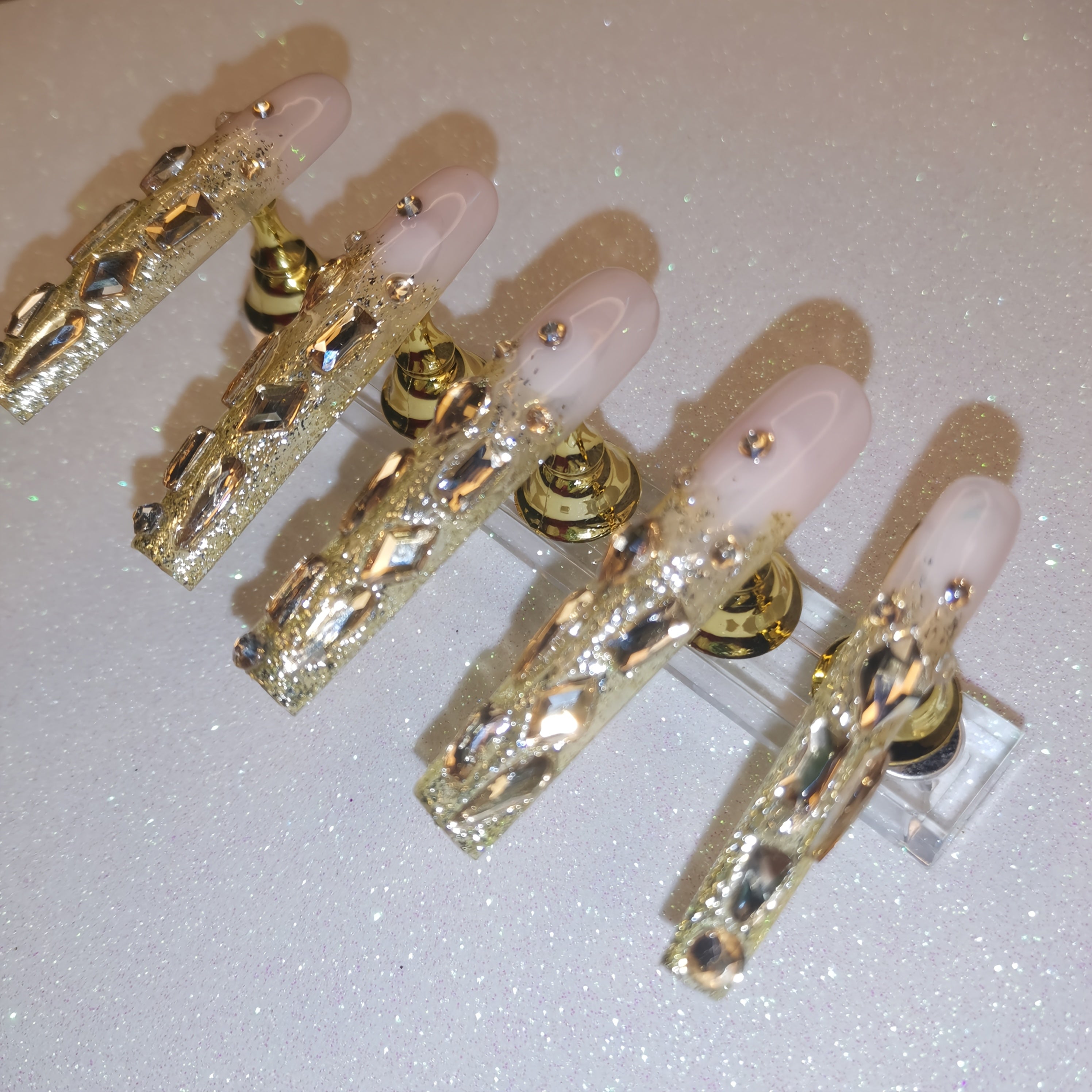 Luxury 10pcs Set Handmade Champagne Golden Full-Coverage Rhinestone Extra-Long Press-On Nails | Party & Salon Accessories | Festive Gift for Women | Golden Glam Art Nails with Ultra-Sparkling Hand-Set Crystals