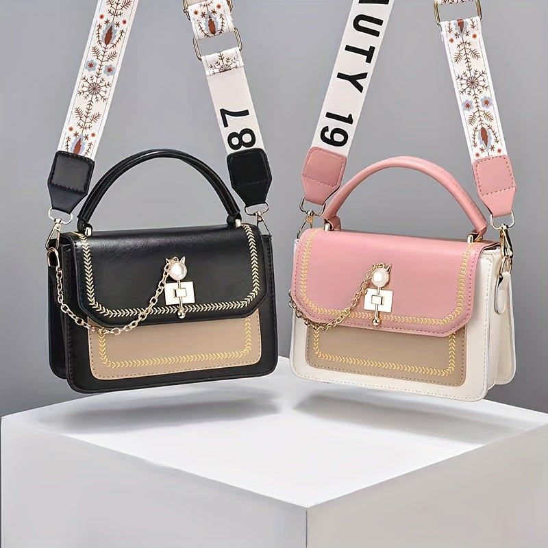 Stylish Two-Tone Chic Womens Handbag - Fashionable Crossbody Purse with Adjustable Printed Strap, Spacious Interior, and Durable PU Material - Zipper Closure, Edge Painted, and Polyester Lining for a Chic Look