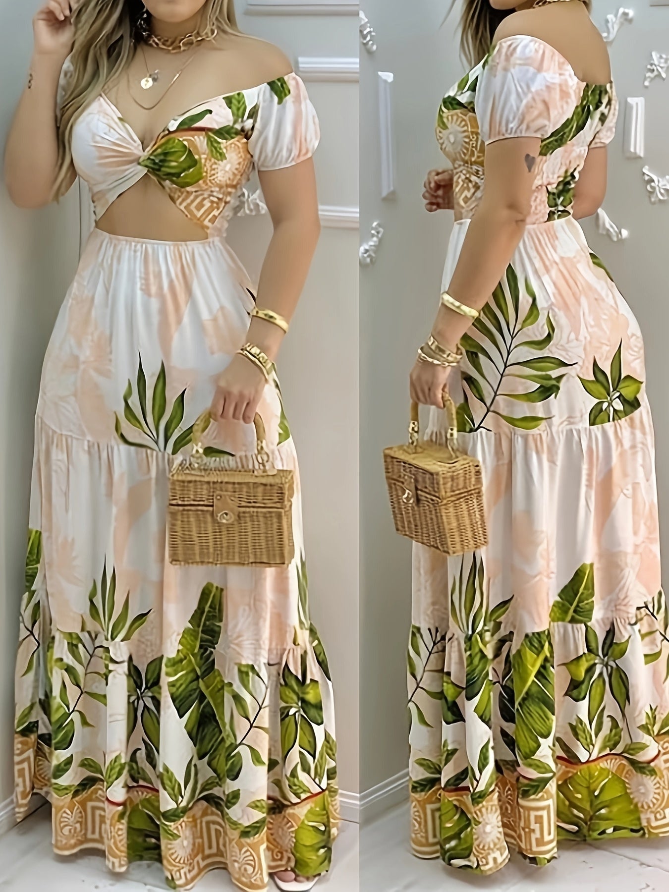[Summer Print Dress] Summer V-Neck Print Maxi Dress for Women - Aline Silhouette, Ruffled Detail, Woven Construction, Cute Summer Dresses
