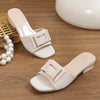 Women's Metallic Buckle Sandals, Slip On Elegant Square Toe Shoes, Chunky Heel Daily Footwear