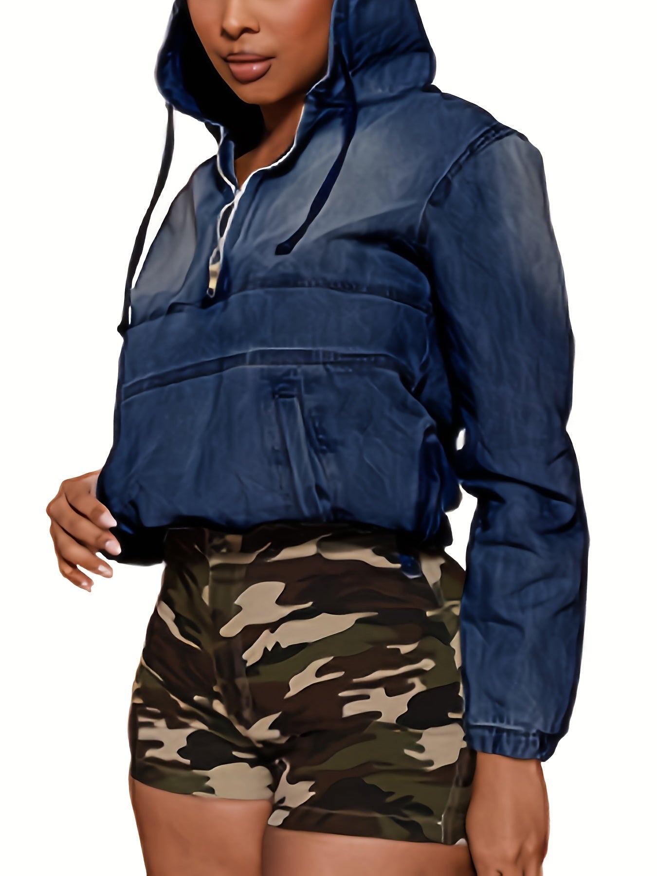 [Casual Denim Hoodie] Casual Women's Denim Half Zip Hoodie Pullover Jacket Jean Tops Cowboy Hoodie