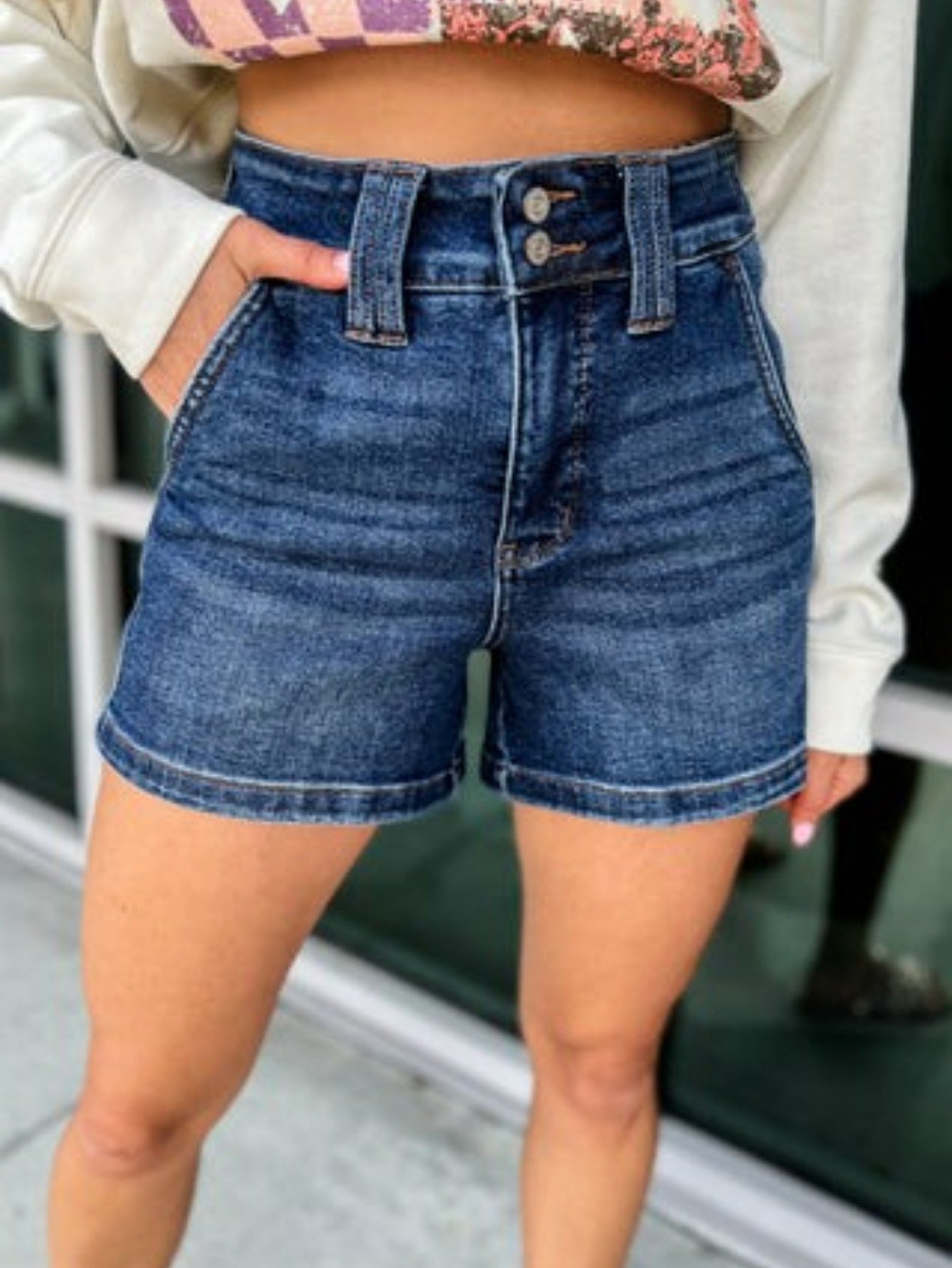 2025 Summer Women's High Waist Stretch Denim Shorts - Double Buckle Retro Style, Dark Blue Casual Versatile Shorts, Machine Washable, Casual Attire, Classic Five-Pocket Design