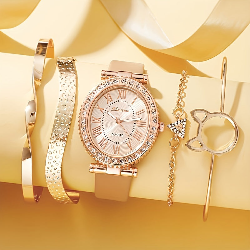 Luxury 5pcs Women's Rhinestone Quartz Watch Set - Chic oval case paired with casual PU Leather strap, elegant gift for Mom or her, fashion timepiece with classic design