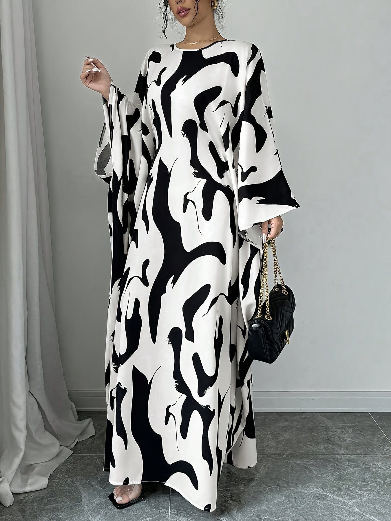 Ladies' Loose Batwing Sleeve Tie Abstract Random Print Elegant Long Dress, Super Long Skirt for Women'S Fashion, Casual Style Suitable for Spring And Summer.