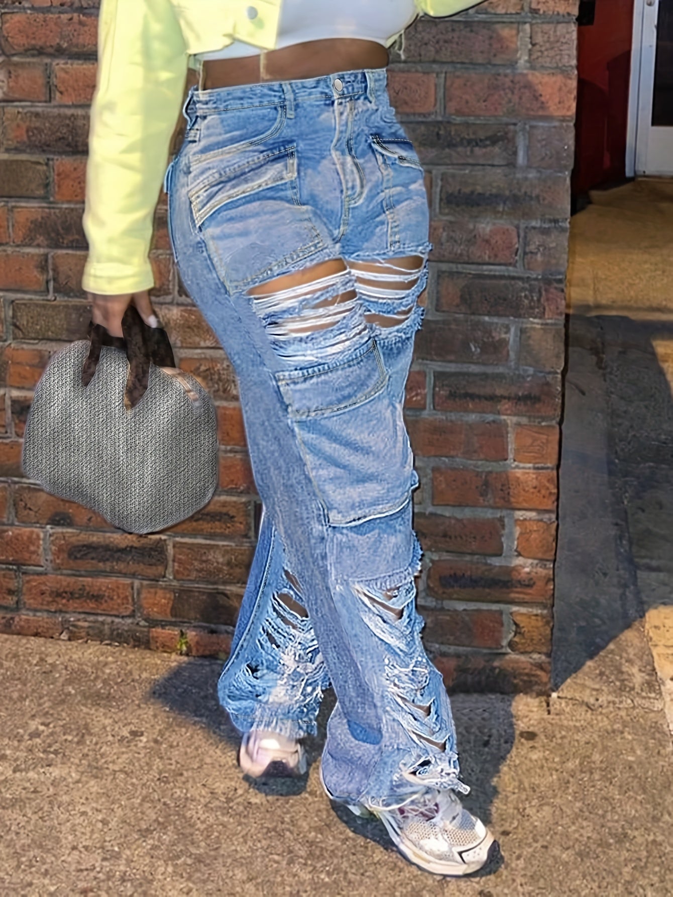 Women's Low Waist Straight Leg Jeans - Ripped Details, Light Blue Denim with Slight Stretch, Party & Night Out | Machine Wash, No Dry Clean | Comfortable Fit