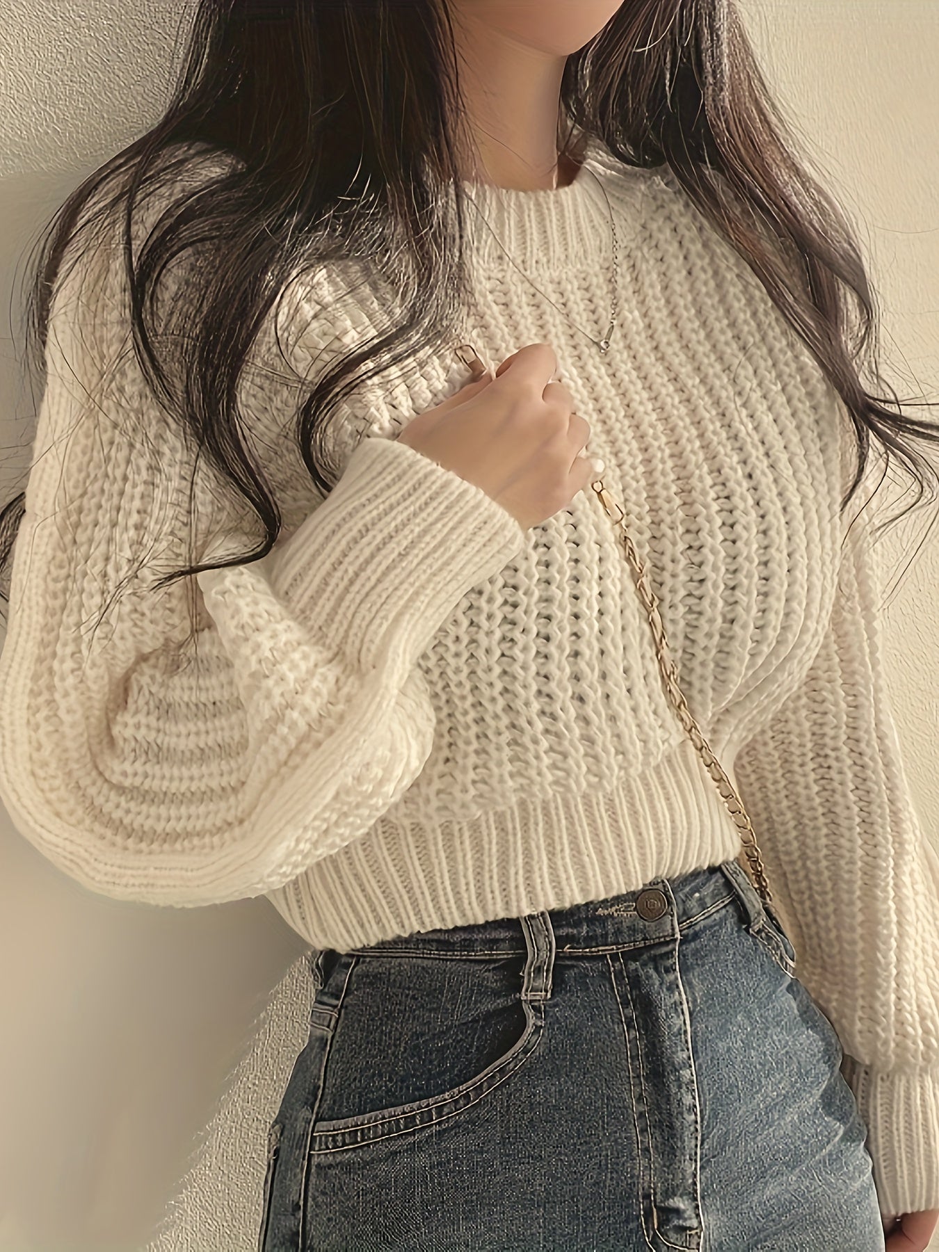Cozy Crew Neck Crop Sweater - Women's Casual Long Sleeve Knitwear for Fall & Winter - Soft, Warm, and Comfortable Clothing for Everyday Wear