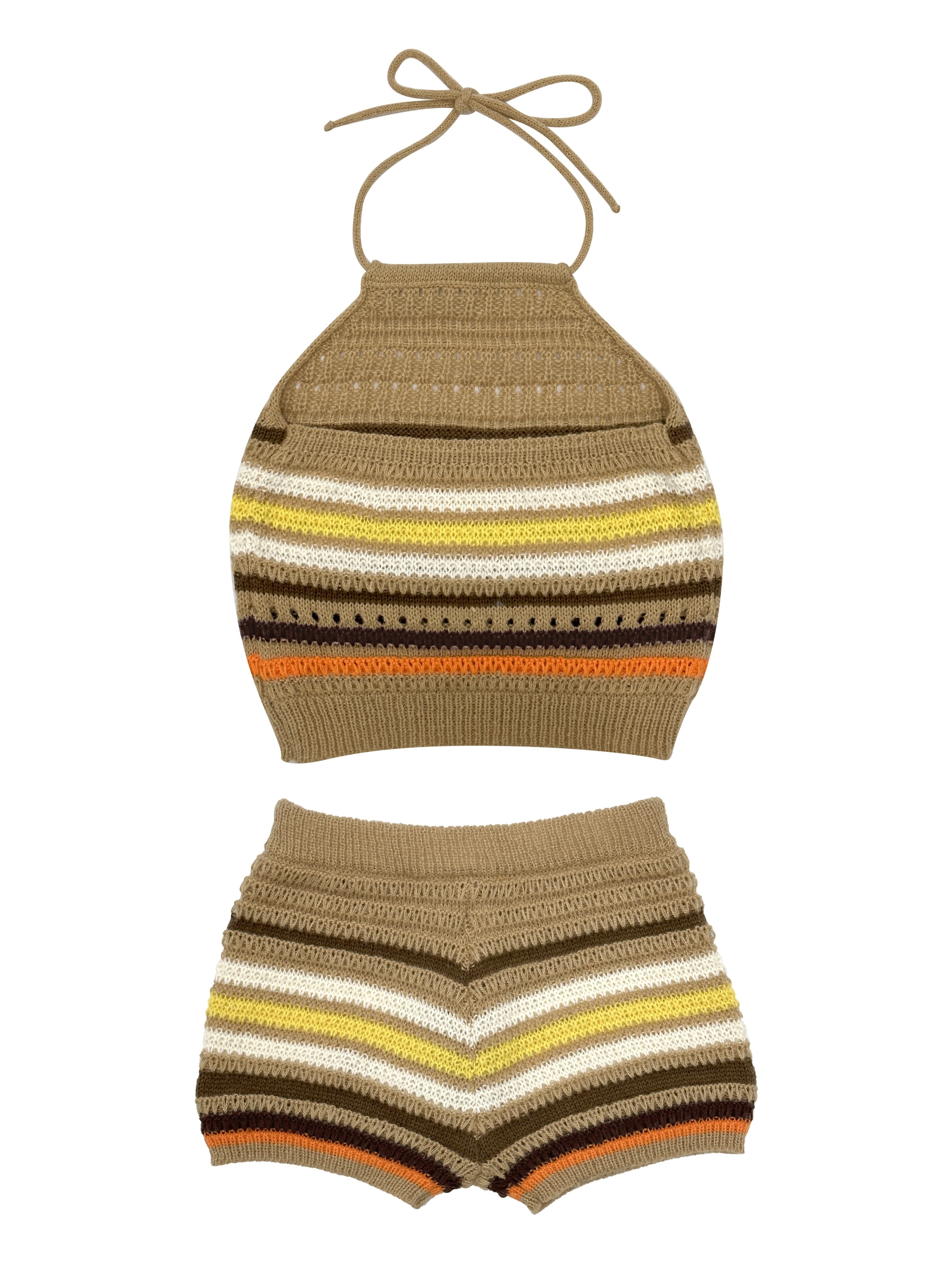 Two-piece Y2K Striped Print Matching Set, Halter Top & Drawstring Shorts Outfits for Women