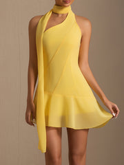 Elegant Mustard Yellow Halter Neck Dress with Asymmetrical Hem - Sleeveless, Retro Style, Perfect for Vacation or Casual Outings, Polyester Fabric, All-Season Wea