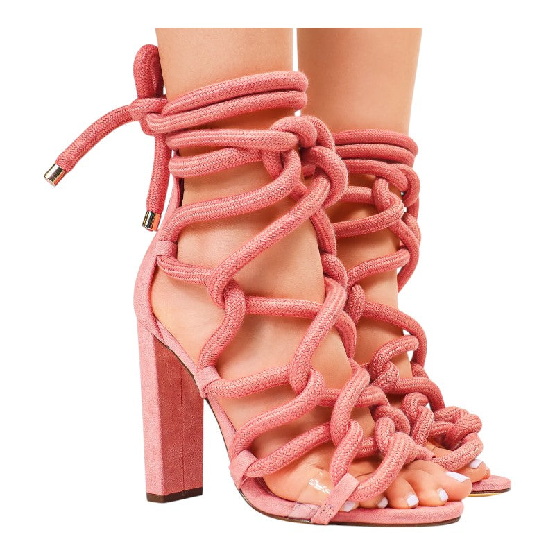 Women Chunky Heel Rope Lace Up High Heel Sandals