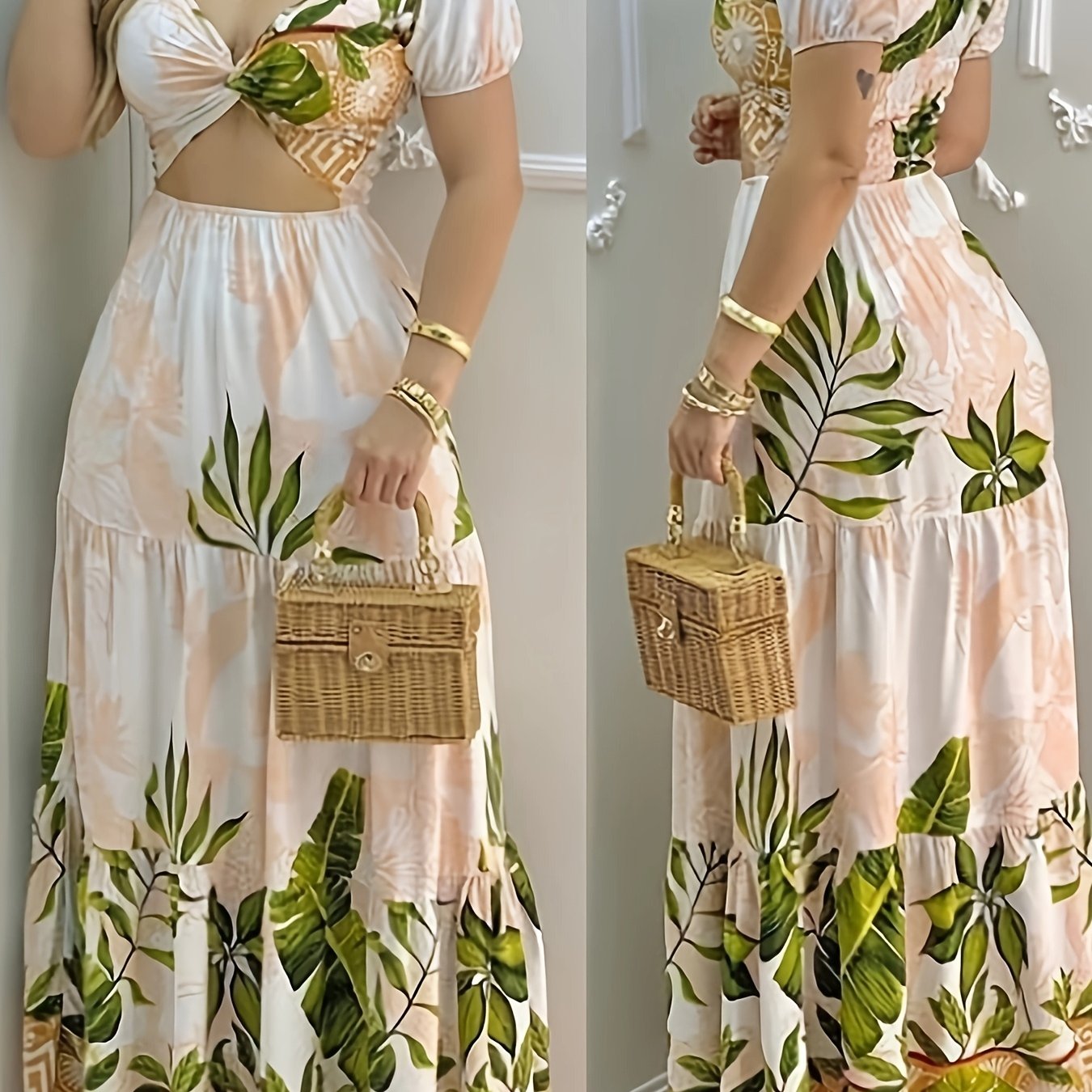[Summer Print Dress] Summer V-Neck Print Maxi Dress for Women - Aline Silhouette, Ruffled Detail, Woven Construction, Cute Summer Dresses