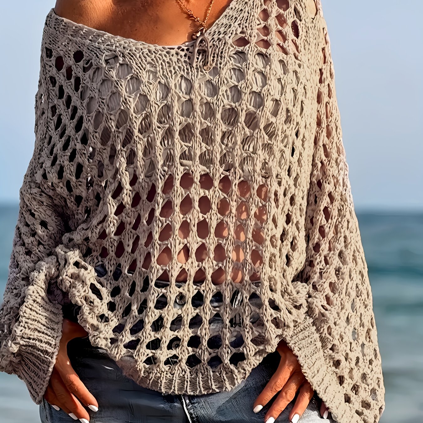 [Beach-Ready] Women's Crochet Knit Top | Long Sleeve | Polyester | Breathable | Casual | Spring & Summer