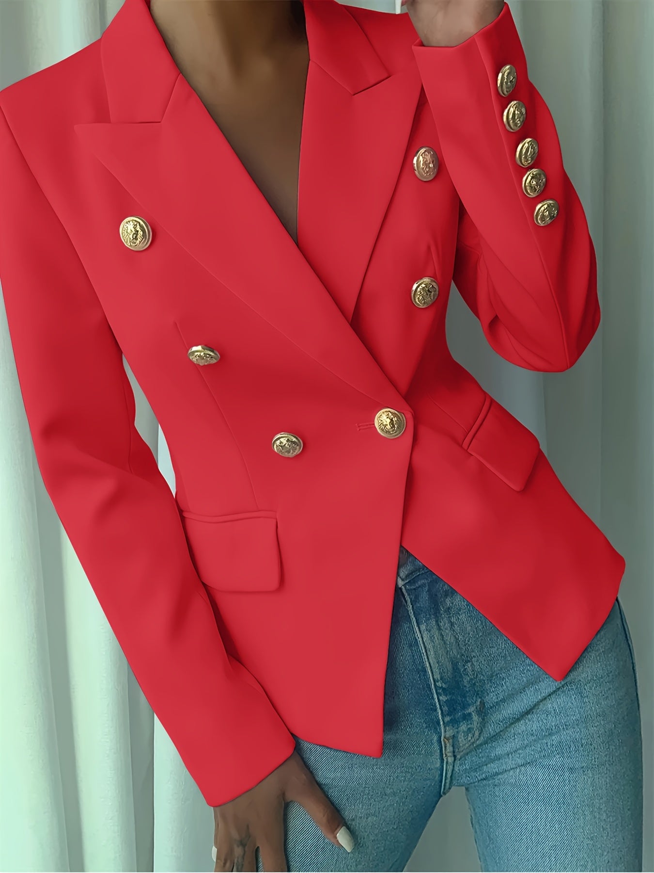 Women's Elegant Pink Double-Breasted Blazer - Polyester, Long Sleeve, Lapel Collar with Golden Buttons, Stylish Work Office Jacket