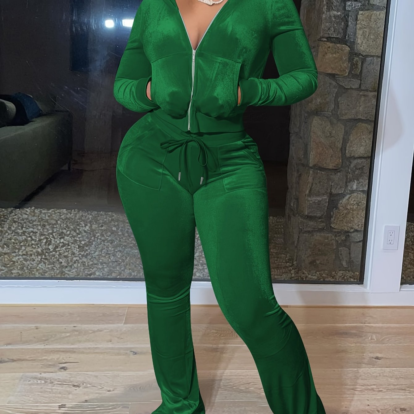 European And American Women's Fashion Casual Solid Color Velvet Hooded Two-piece Set