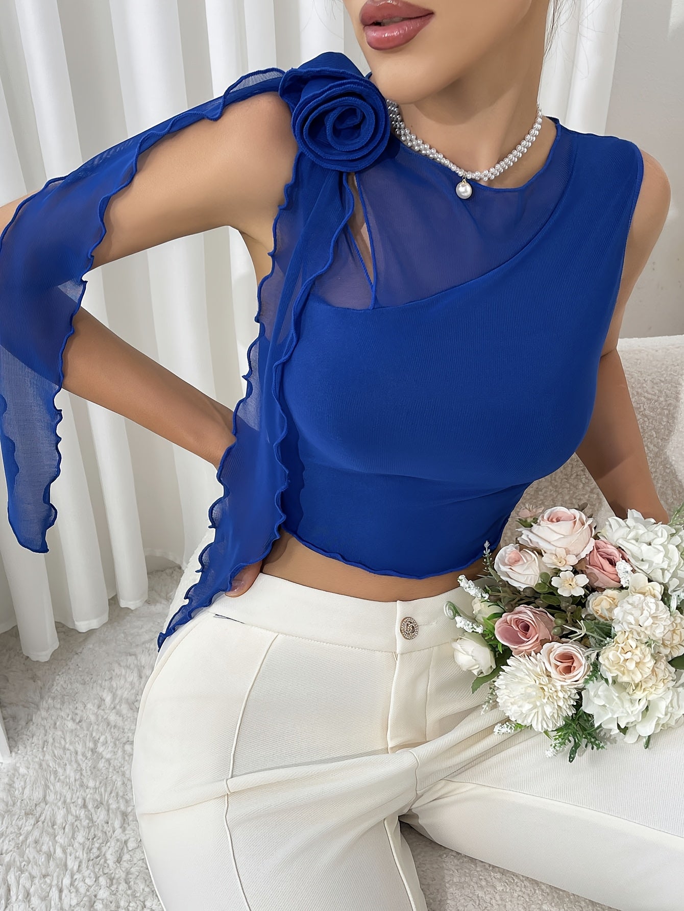 Elegant Women's Blue Lace Trim Sleeveless Crop Top with Floral Appliqué and Scarf Detail - Polyester Blend, Hand Washable