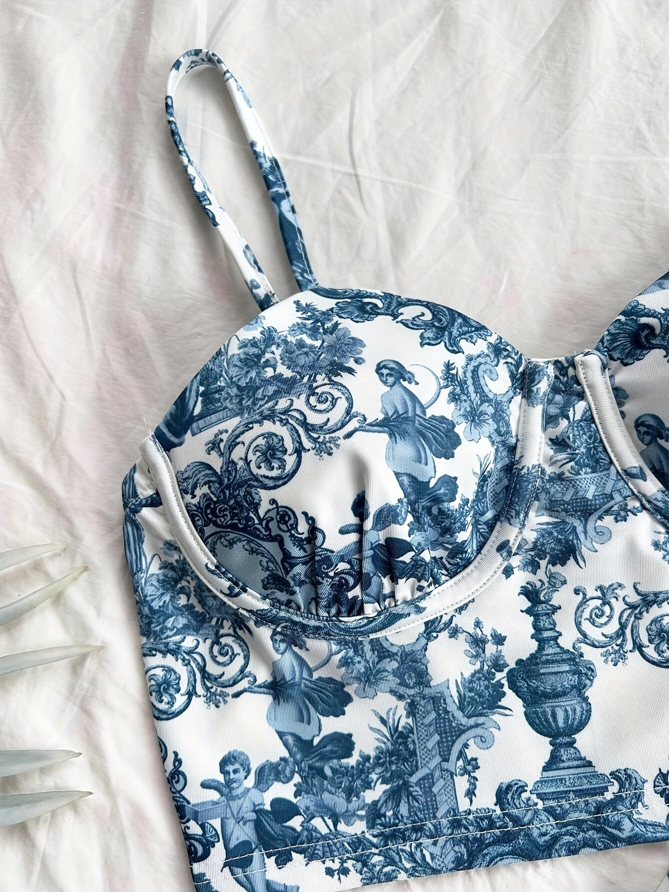 Spring and summer new arrivals: Beach vacation portrait print halter top and side slit skirt.