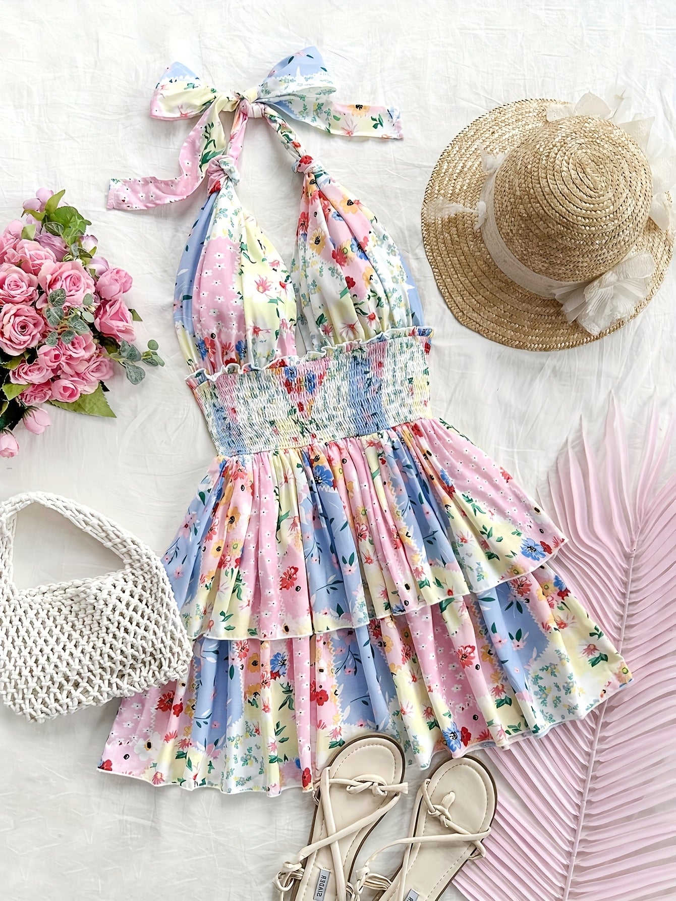 Floral Print Halter Suspender Dress for Women - Elegant Spring/Summer Sleeveless Mini Dress with Shirred Detail, Vibrant Floral Pattern, Lightweight Polyester, Perfect for Casual or Dressy Occasions, Formal Outfit | Bowknot D