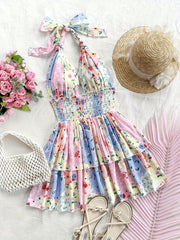 Floral Print Halter Suspender Dress for Women - Elegant Spring/Summer Sleeveless Mini Dress with Shirred Detail, Vibrant Floral Pattern, Lightweight Polyester, Perfect for Casual or Dressy Occasions, Formal Outfit | Bowknot D