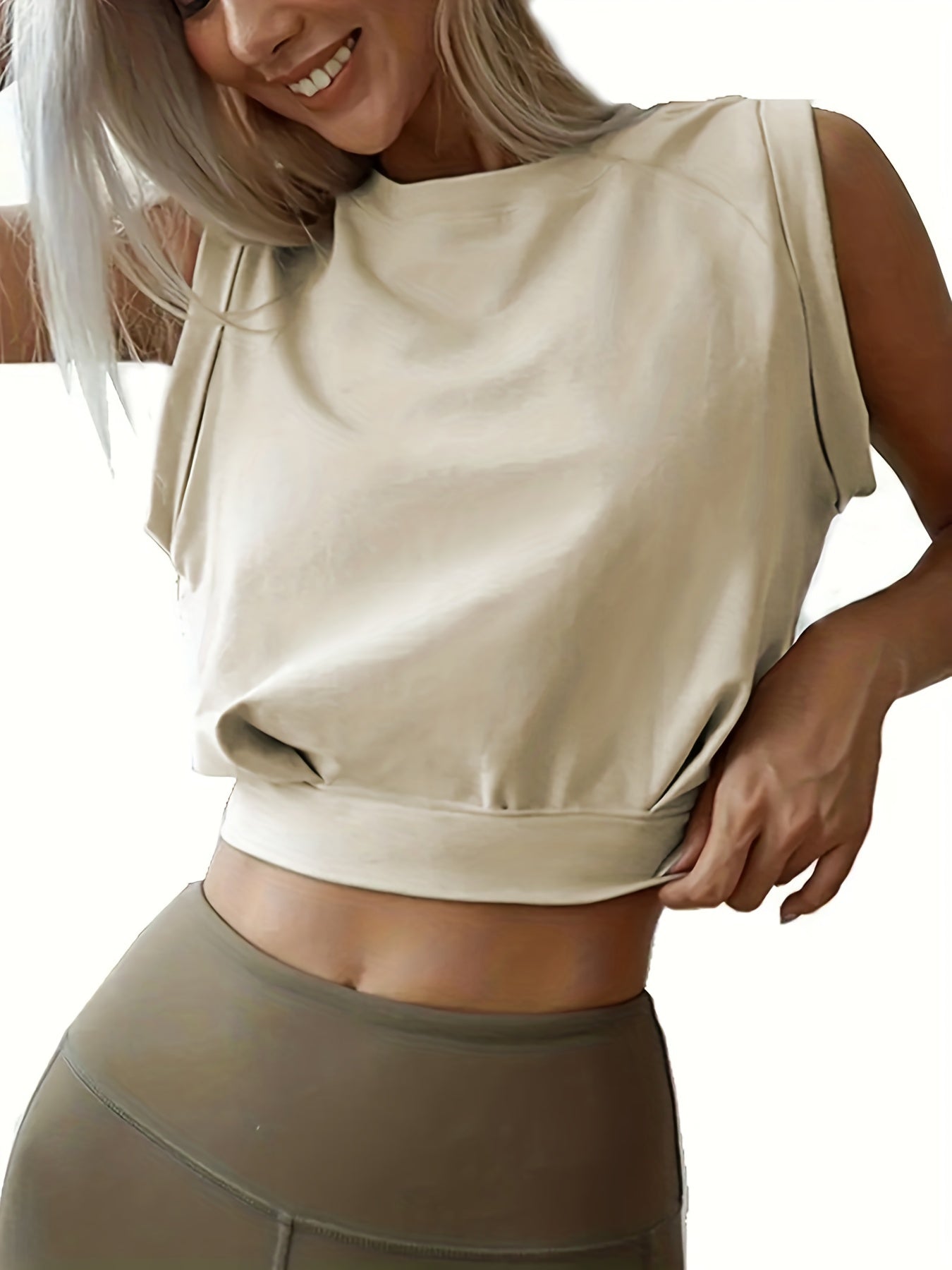Fashion Solid Casual Sports Crop Tank Top, Round Neck Tank Top, Women's Athleisure
