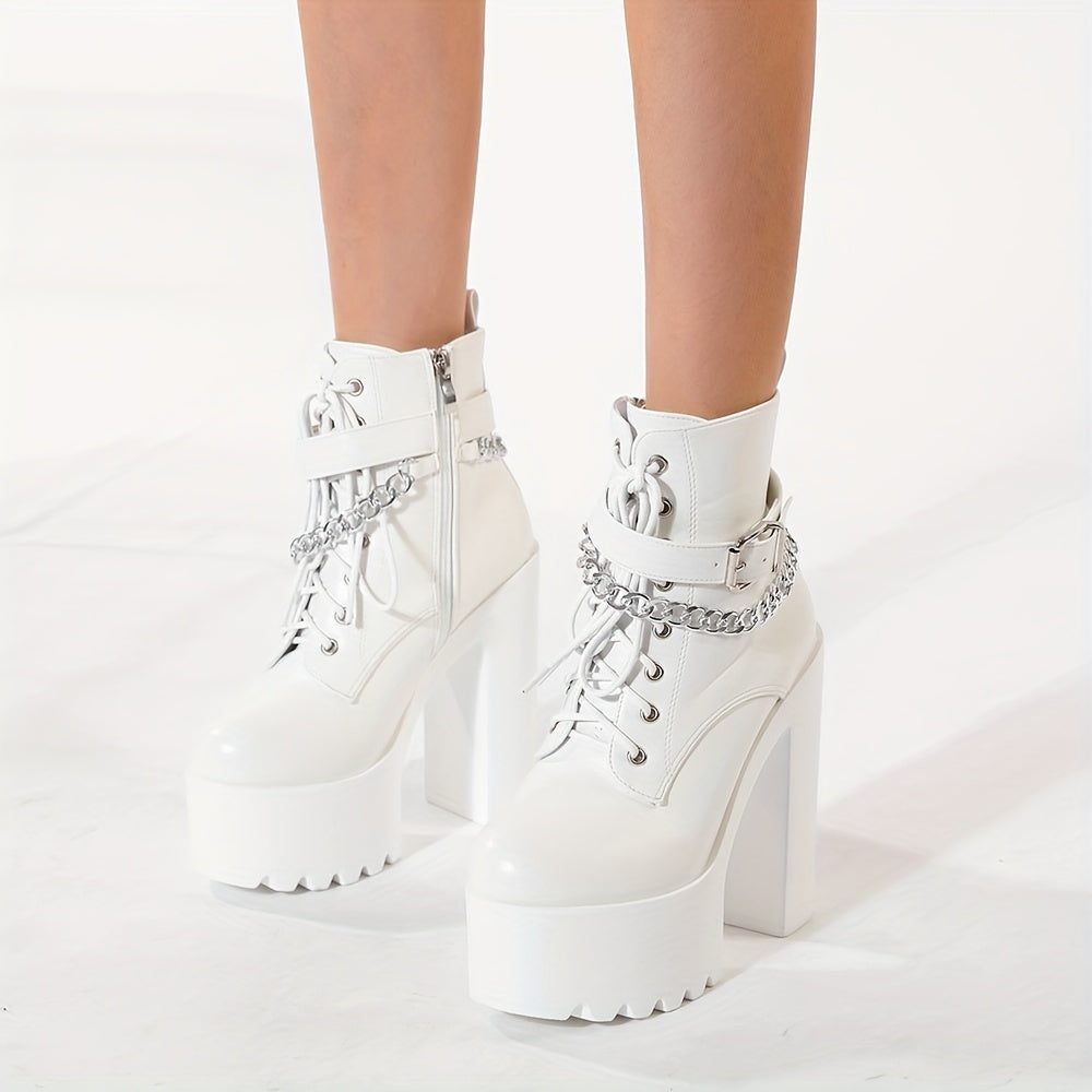 Women's Chain Decor Block Heeled Boots, Fashion Lace Up Side Zipper Boots, Women's Stylish Ankle Boots