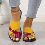 Women's Toe Loop Flat Slides, Fashion Colorblock Slip On Summer Shoes, Casual Outdoor Beach Slides