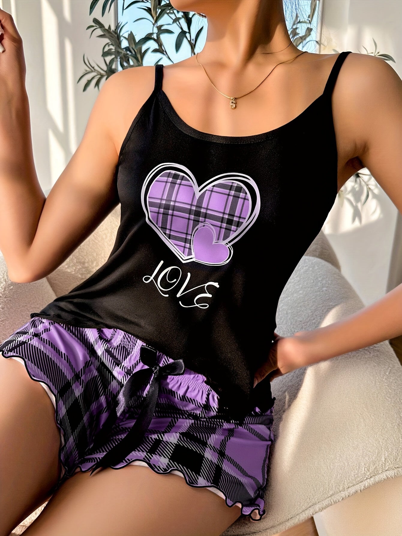 Women's Plaid Heart Print Frill Trim Casual Pajama Set, Round Neck Backless Cami Top & Shorts, Comfortable Relaxed Fit, Summer Nightwear