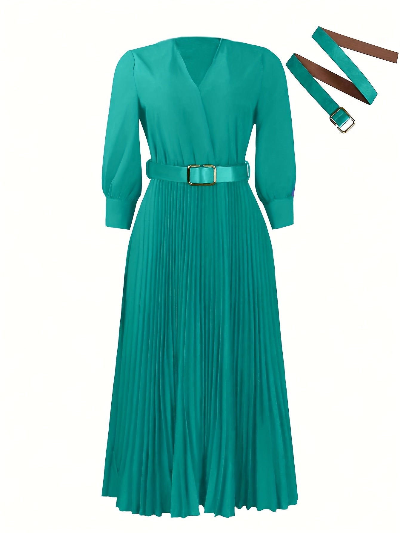 Elegant V-Neck Pleated Midi Dress with Belt for Women - Chic Long Sleeve, Cinched Waist, Ribbed Texture, Perfect for Spring & Fall Formal Event