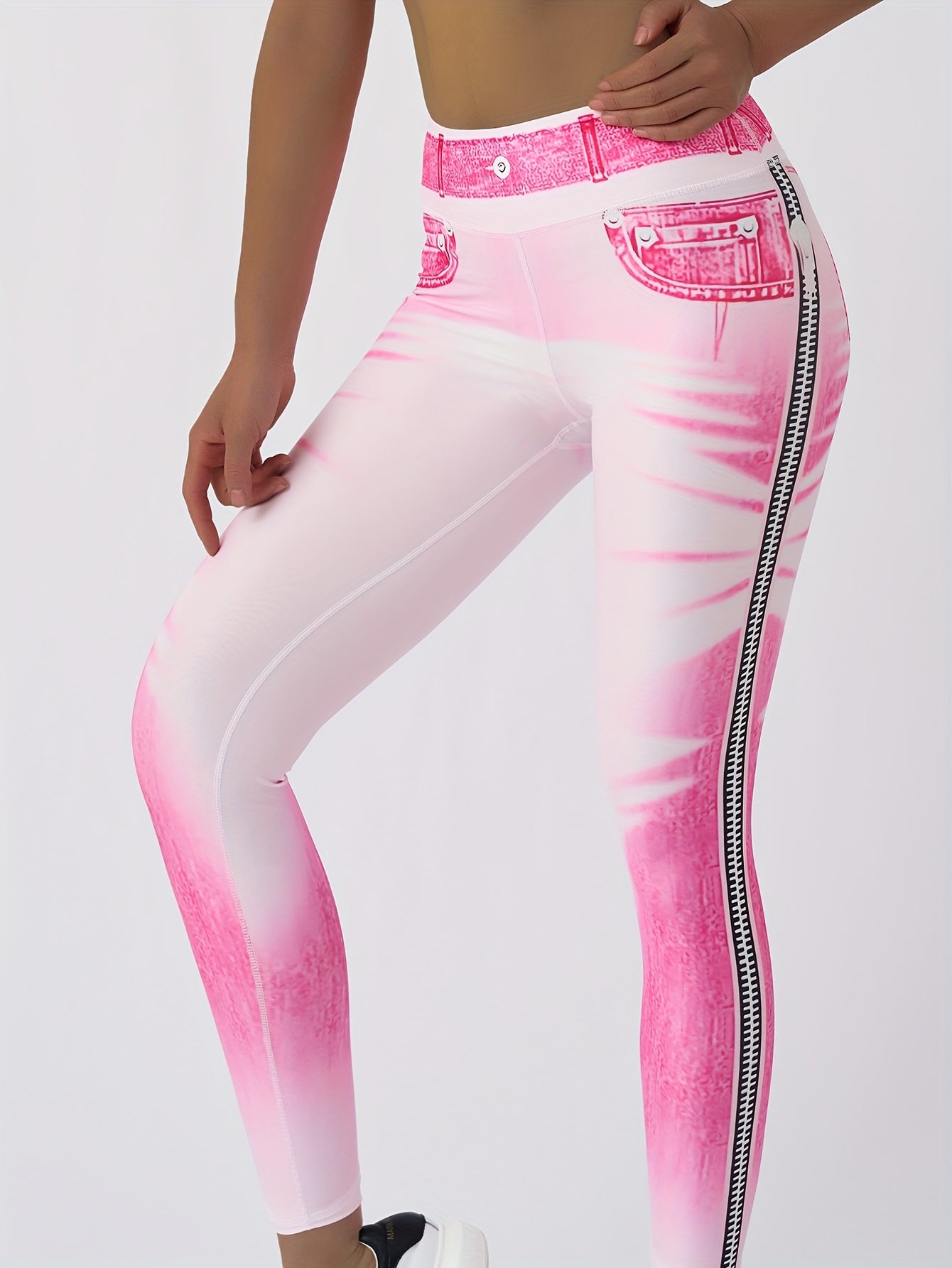 Women'S High-Waisted Denim Print Yoga Pants, 90% Polyester 10% Elastane, Skinny Fit, Long Length, All-Season Sports Leggings with Elastic Waist, Knit Fabric, 220g/m², for Running & Fitness