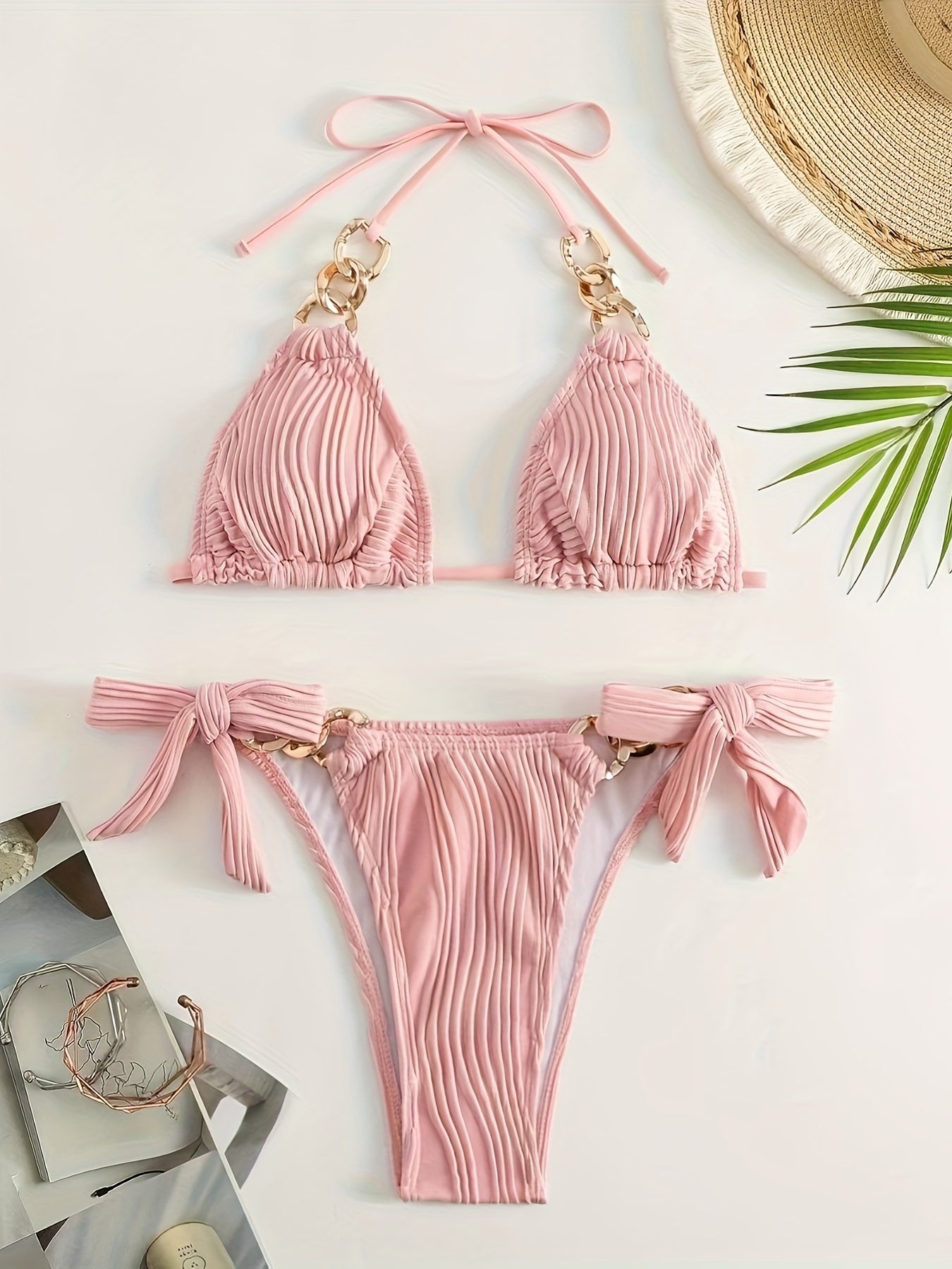 Women's Sexy Bikini Set, Fashion Ruched Fabric With Circle Chain Detail, Tie-Up Swimwear, Two-Piece Triangle Swimsuit