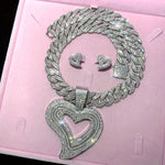 Y2K Elegant Rhinestone Heart Pendant Necklace and Earrings Set - Synthetic Jeweled Cuban Link Chain - Zinc Alloy Jewelry for Daily & Festival Occasions - Ideal Valentine's Gift