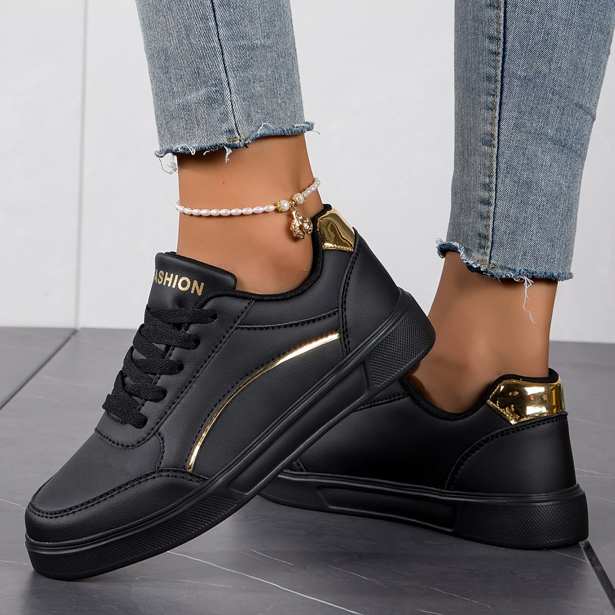 Women'S Stylish White Sneakers with Golden Accents - Casual Lace-Up Athletic Shoes for Outdoor Activities, Casual Wear, and Skateboarding, Casual Athletic Shoes | Trendy Casual Shoes | Durable Athletic Footwear
