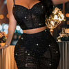 European and American Hot Selling Sexy Peep Toe Sequin Vest Nightclub Babe Deep V Pleated Hip Bag Skirt Set