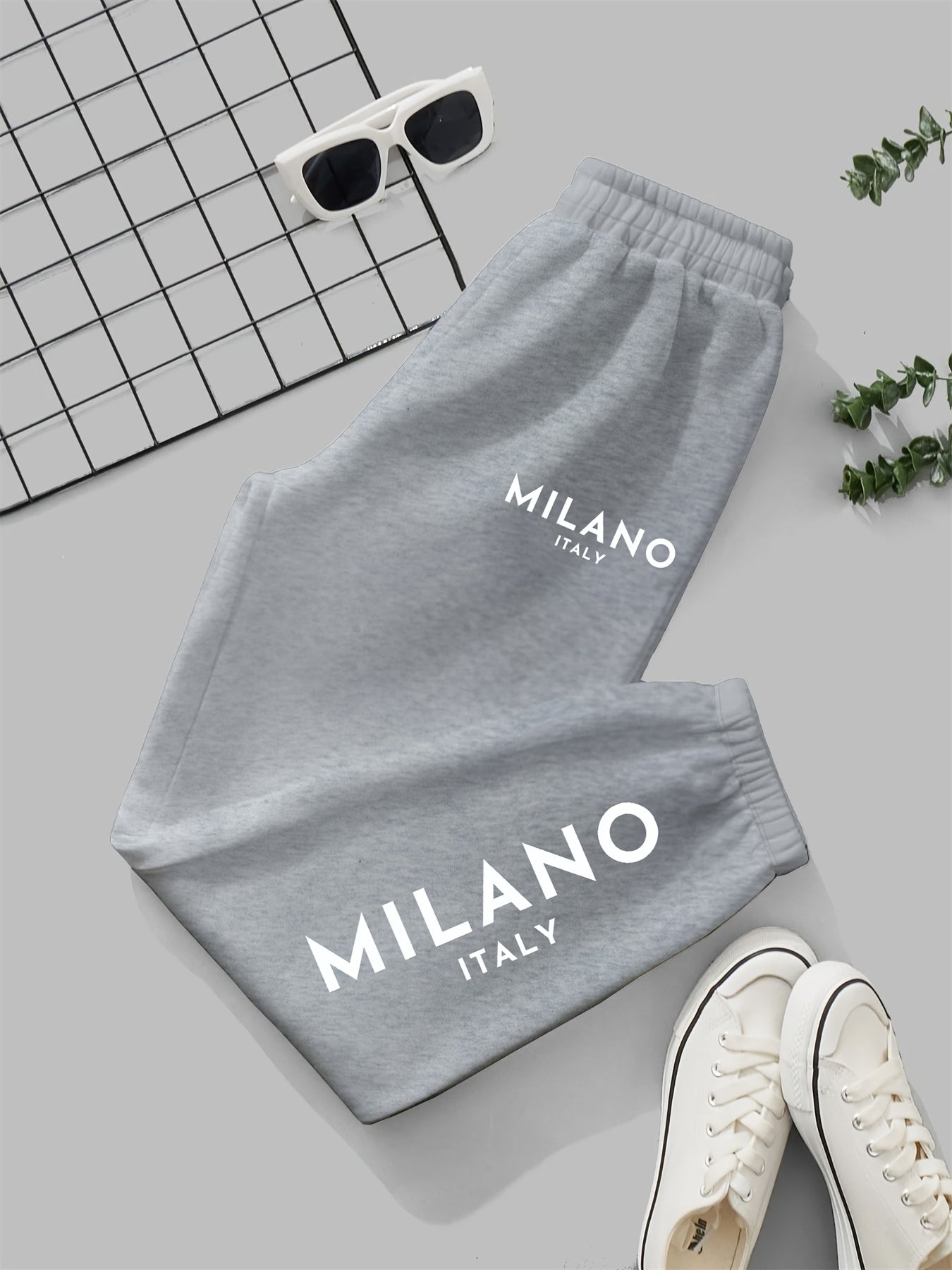 Milano Italy Printed Women'S Jogger Pants, Casual Knit Polyester 100% Fabric, 190g/m², All-Season, with Pockets, Fashionable Long Jogging Trousers for Adult